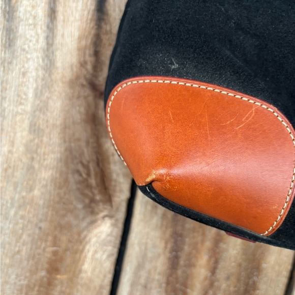 Dooney & Bourke black suede drape tote with brown leather trim. - Picture 5 of 12